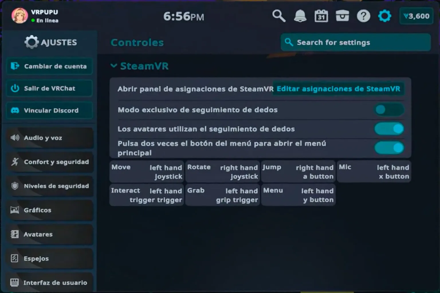 Pantalla de ajustes de controles de VRChat para SteamVR, con opciones de asignación de botones y seguimiento de dedos.