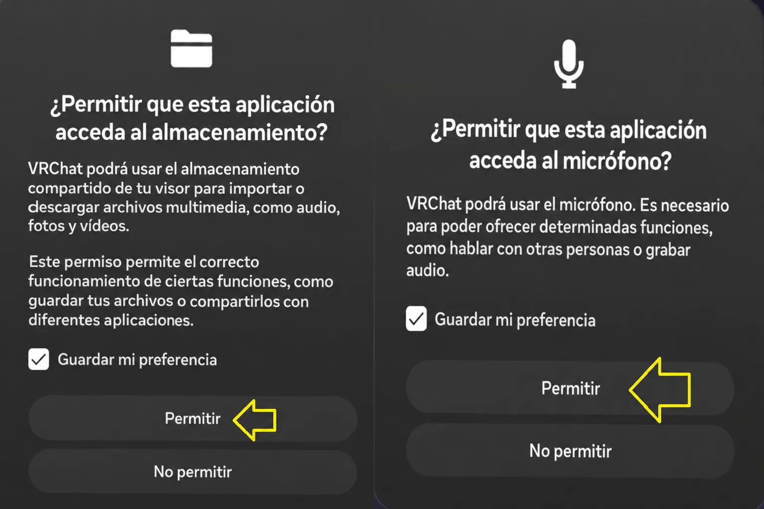 Permisos iniciales de VRChat en Meta Quest para acceder al almacenamiento y al micrófono, con los botones Permitir resaltados.