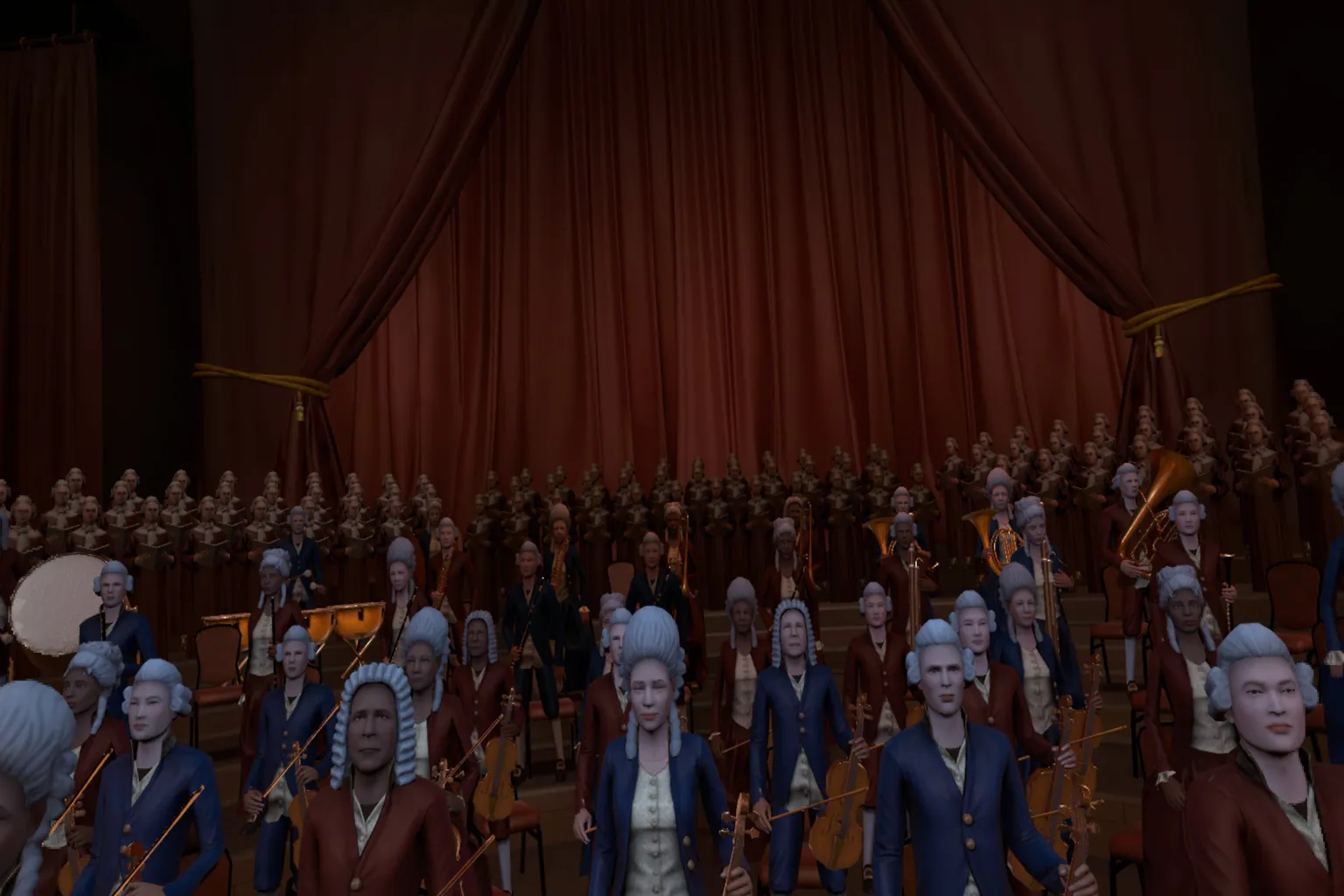Gran coro y orquesta reunidos frente al jugador durante una actuación en Maestro VR.