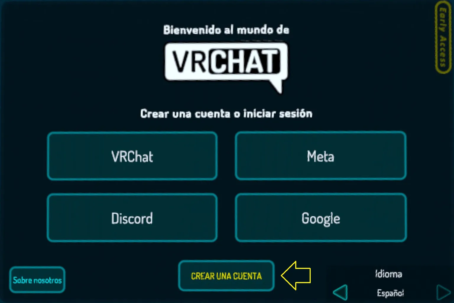Pantalla inicial de VRChat en español con el botón Crear una cuenta resaltado.