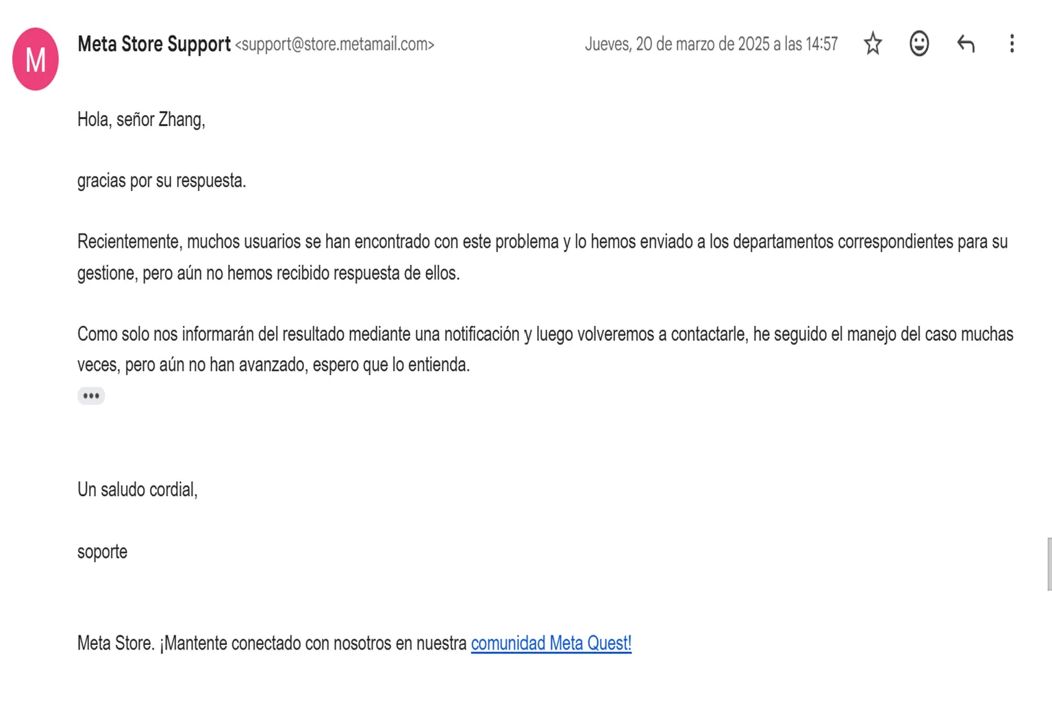 Correo de Meta Store Support informando de que muchos usuarios tienen el mismo problema de compra y que el caso sigue pendiente.