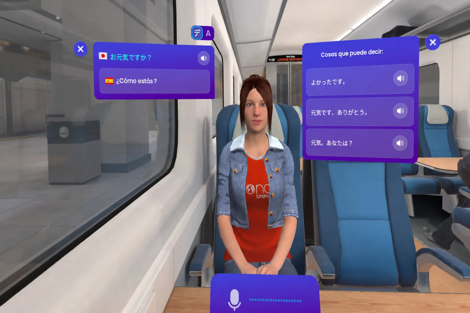 Práctica de conversación en japonés dentro de un tren en Mondly VR, con preguntas en español y varias respuestas posibles.