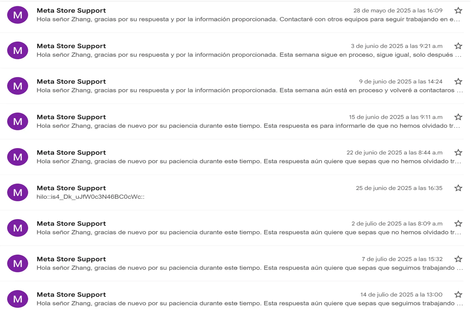 Lista de correos de seguimiento de Meta Store Support enviados durante varias semanas mientras se investigaba el problema de compra.