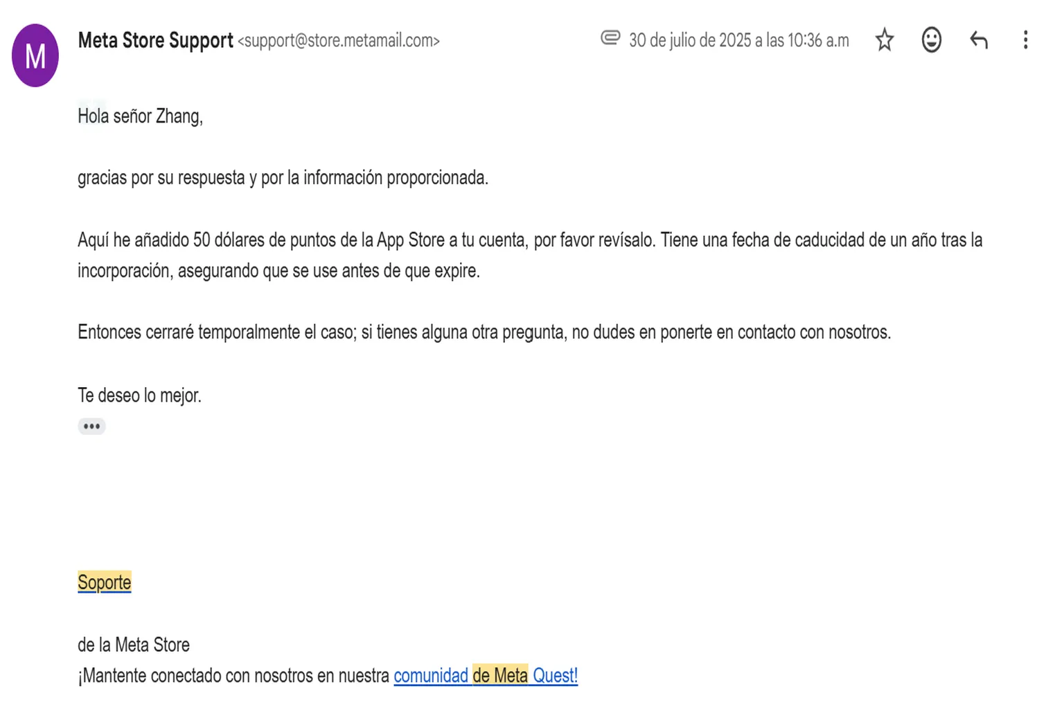 Correo de Meta Store Support confirmando una compensación de 50 dólares en crédito de la tienda.