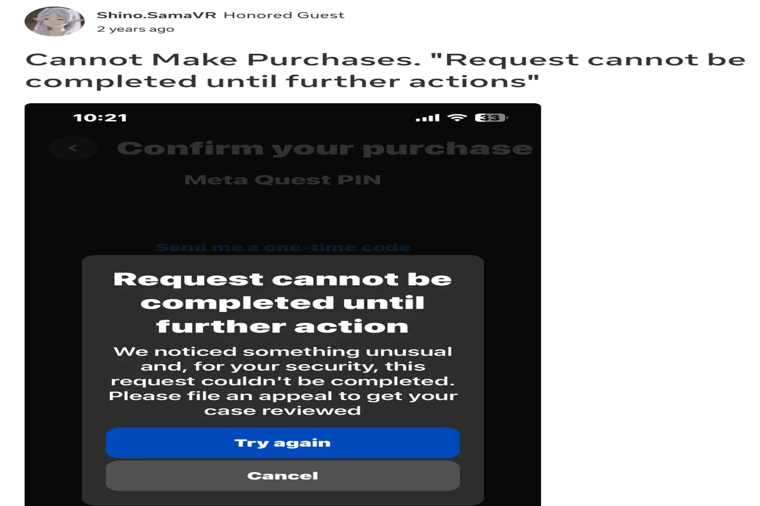 Publicación del foro de Meta Quest sobre el error «Request cannot be completed until further actions» al intentar comprar.