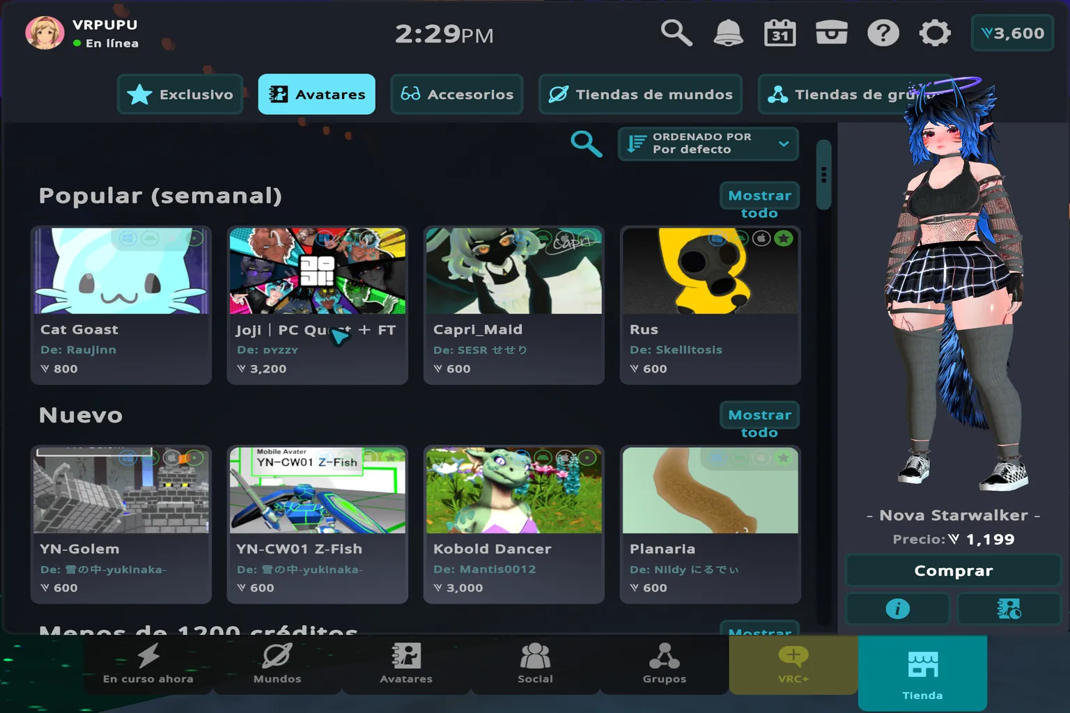 Tienda de avatares de VRChat con avatares populares y nuevos, junto a una vista previa del avatar seleccionado.