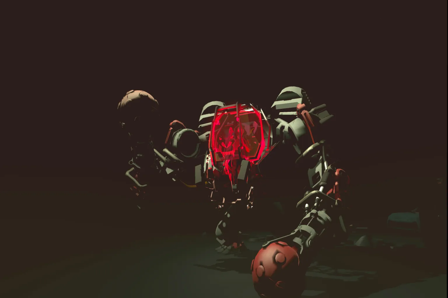 Gran mecha enemigo iluminado en rojo antes del combate.