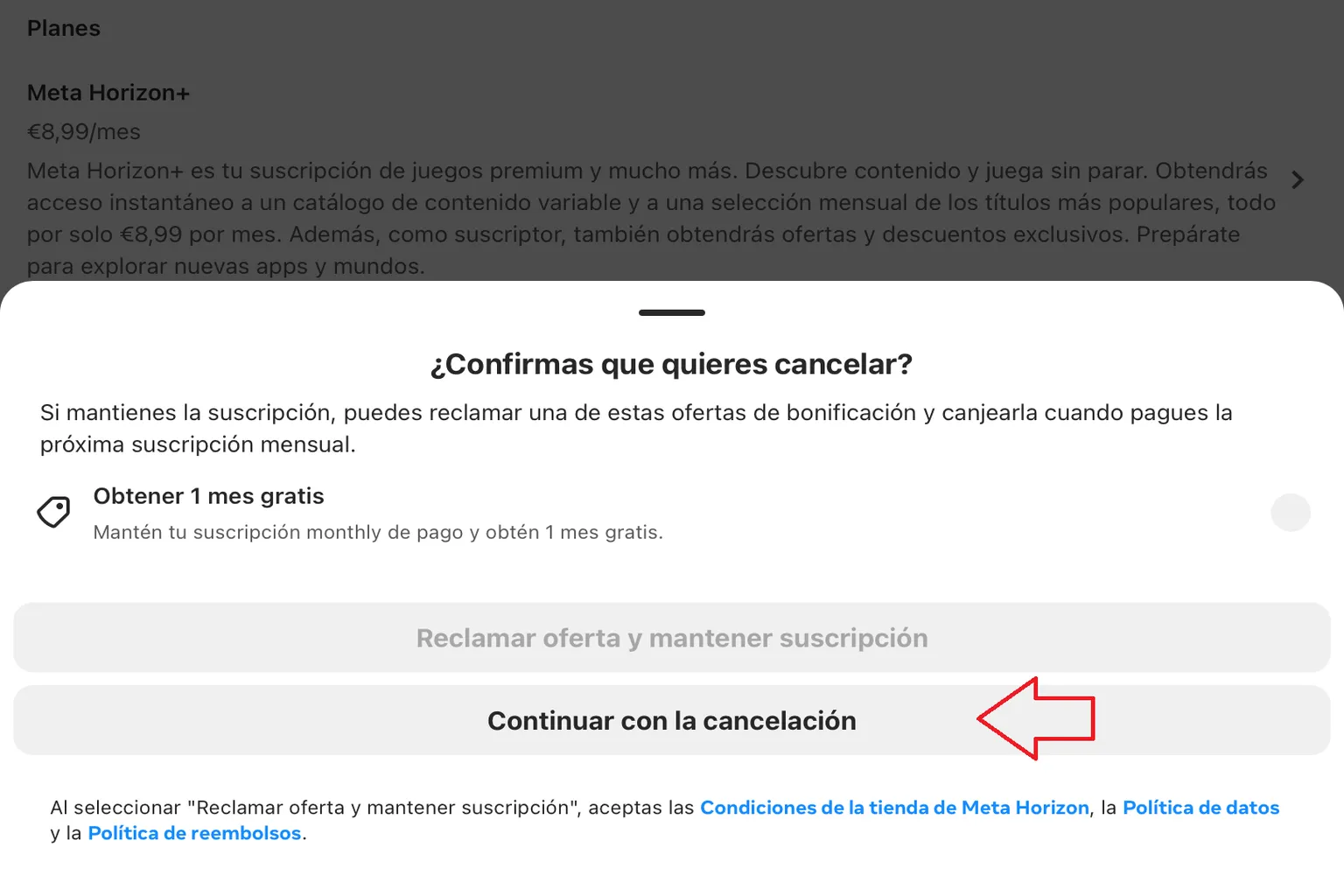 Pantalla de cancelación de Meta Horizon+ con una oferta de un mes gratis y el botón Continuar con la cancelación señalado.