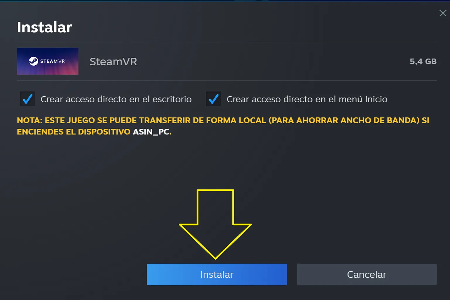 Ventana de instalación en Steam con las opciones de acceso directo y el botón Instalar señalado con una flecha amarilla.