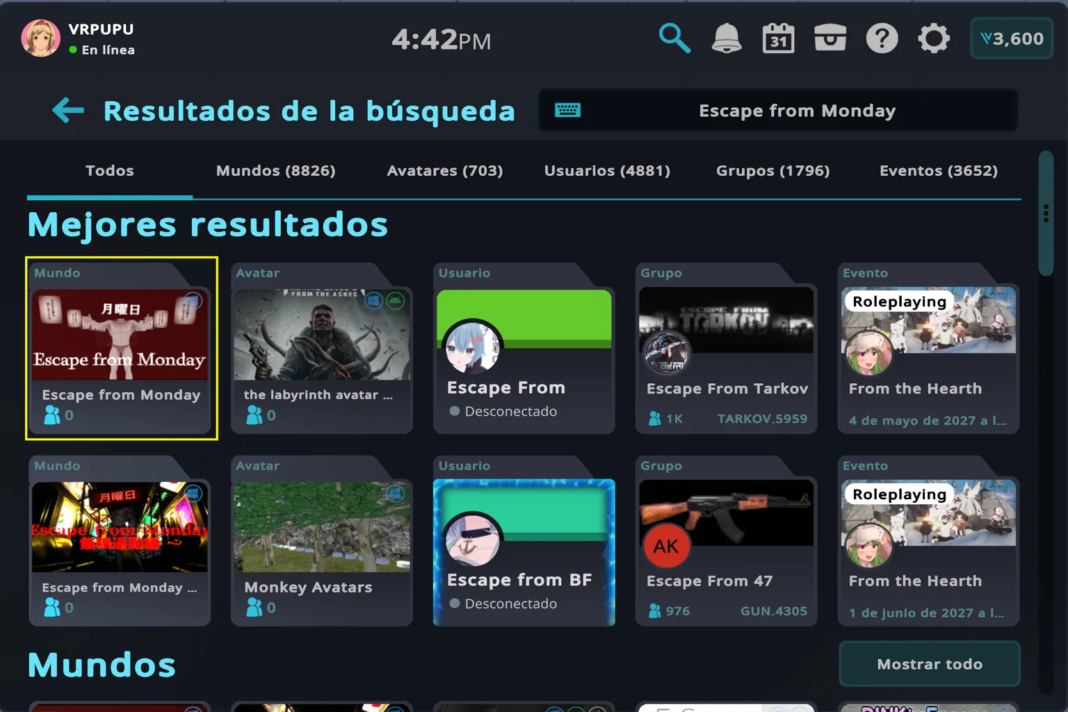 Resultados de búsqueda de VRChat para Escape from Monday, con el mundo correspondiente resaltado entre los mejores resultados.