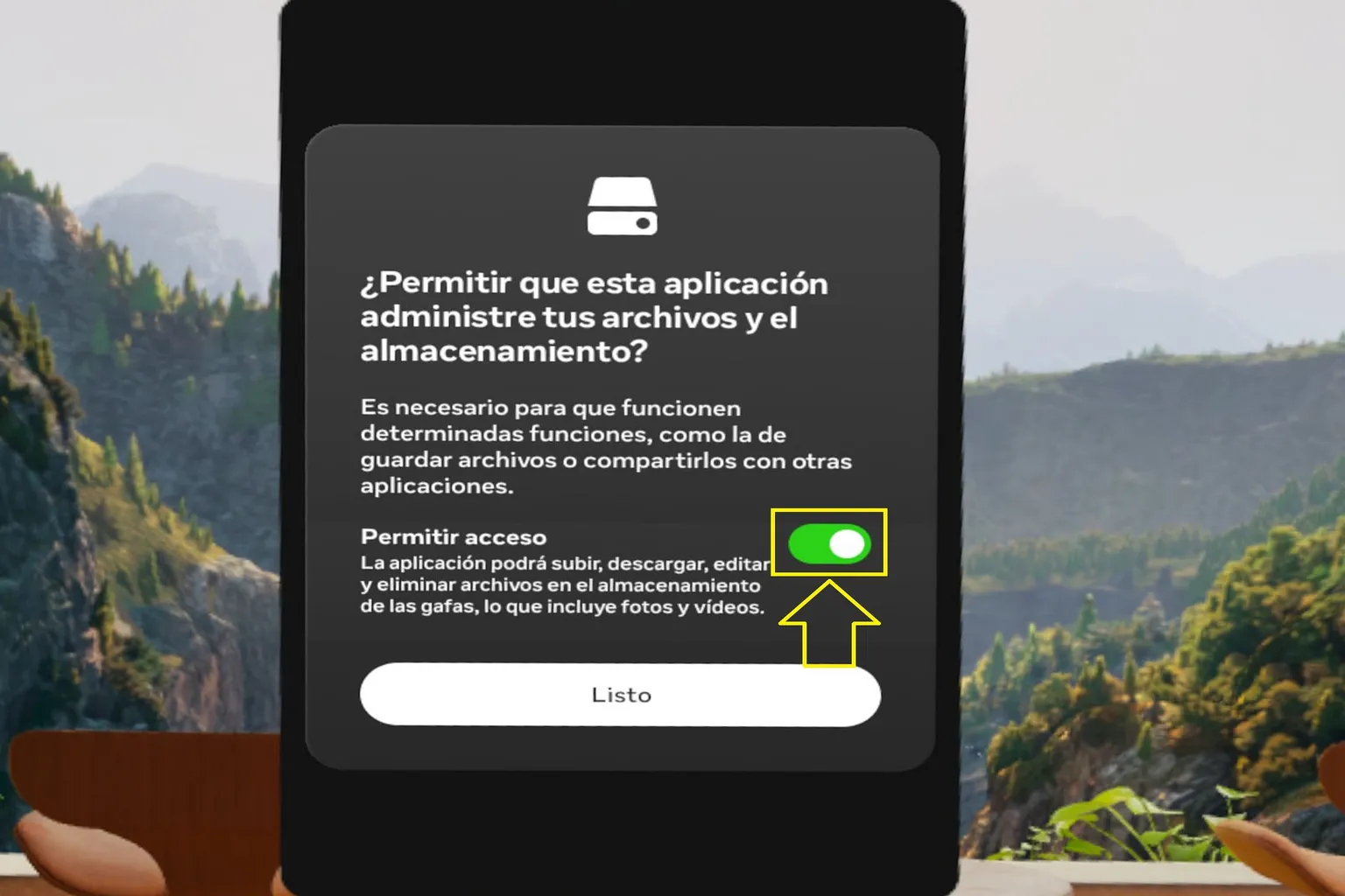Pantalla de Meta Quest 3 mostrando la solicitud de permiso de acceso al almacenamiento de la aplicación. La transferencia de archivos no funcionará si no se permite el acceso aquí.