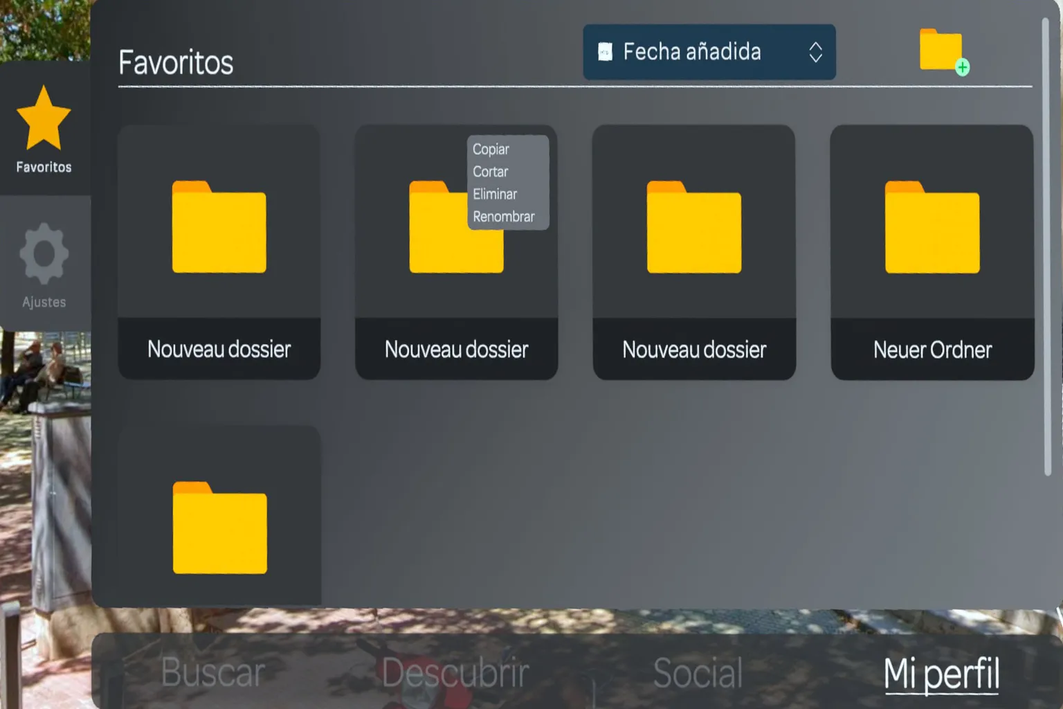 Carpetas de favoritos con menú contextual para copiar, cortar, eliminar o renombrar una carpeta.