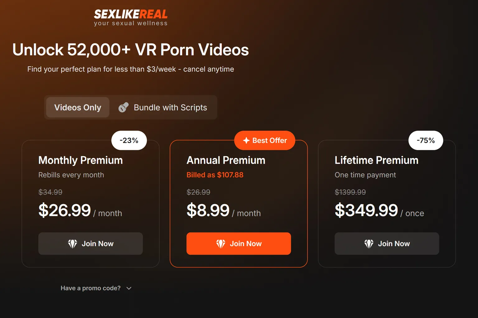 Planes Premium de SexLikeReal solo con videos: mensual, anual y de por vida