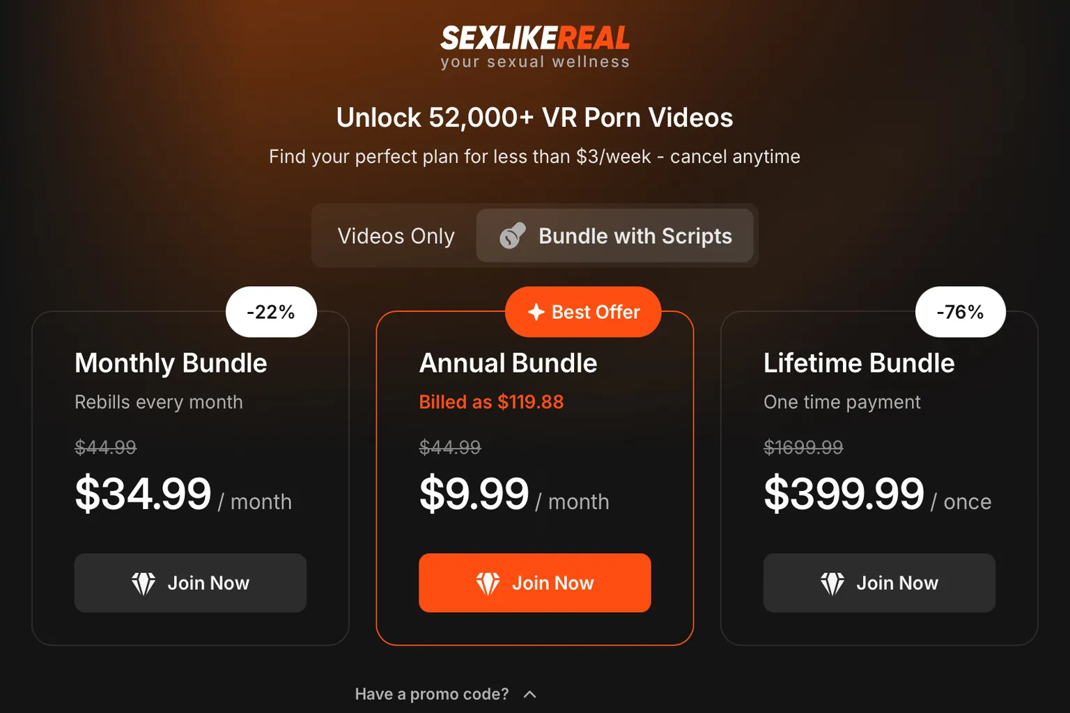 Planes de SexLikeReal con videos y scripts con el código HANDY aplicado