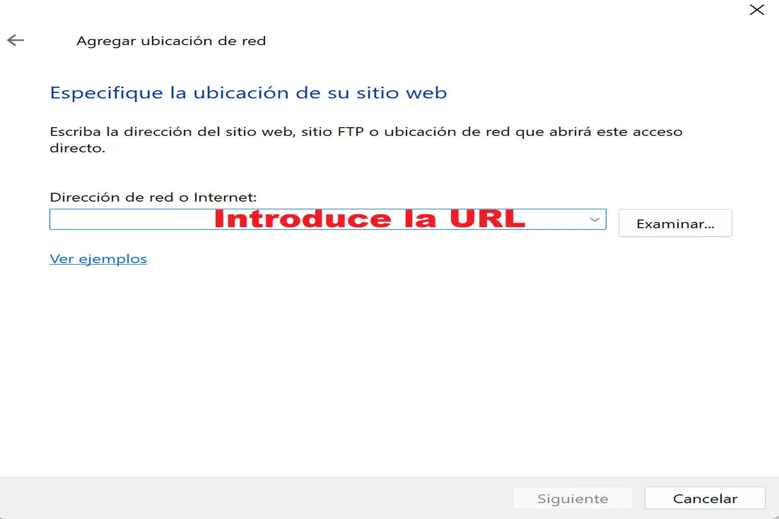 Pantalla para introducir la dirección de un sitio web o FTP, con la dirección FTP de Quest 3 ftp://192.168.0.118:2121 introducida.