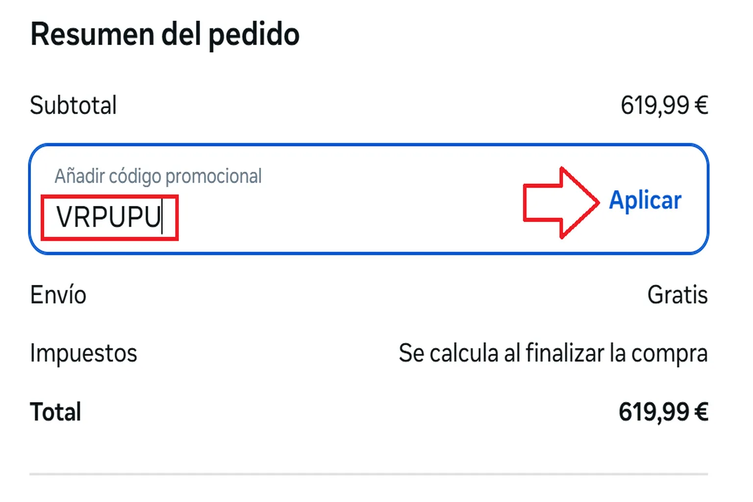 Campo de código promocional con VRPUPU introducido antes de pulsar «Aplicar».