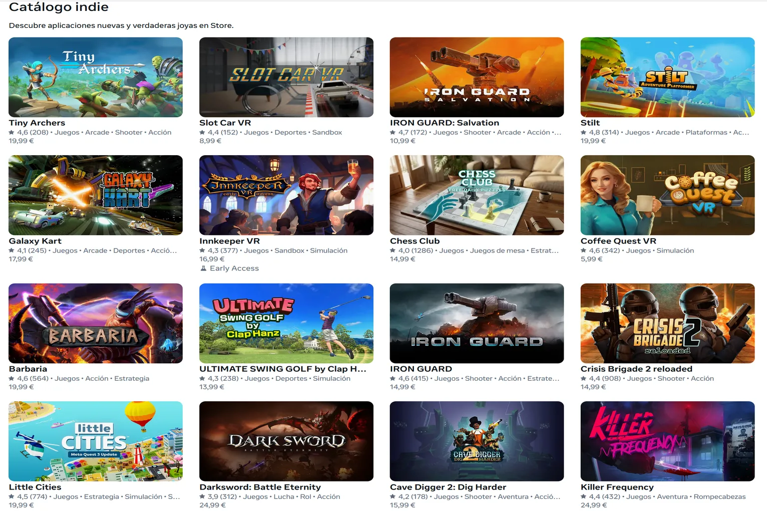 Catálogo indie de Meta Quest con juegos como Tiny Archers, Slot Car VR, Iron Guard: Salvation, Little Cities y Killer Frequency.