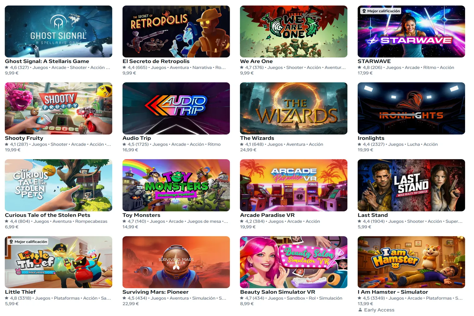Catálogo indie de Meta Quest con títulos como Ghost Signal, We Are One, Audio Trip, The Wizards, Arcade Paradise VR y Little Thief.