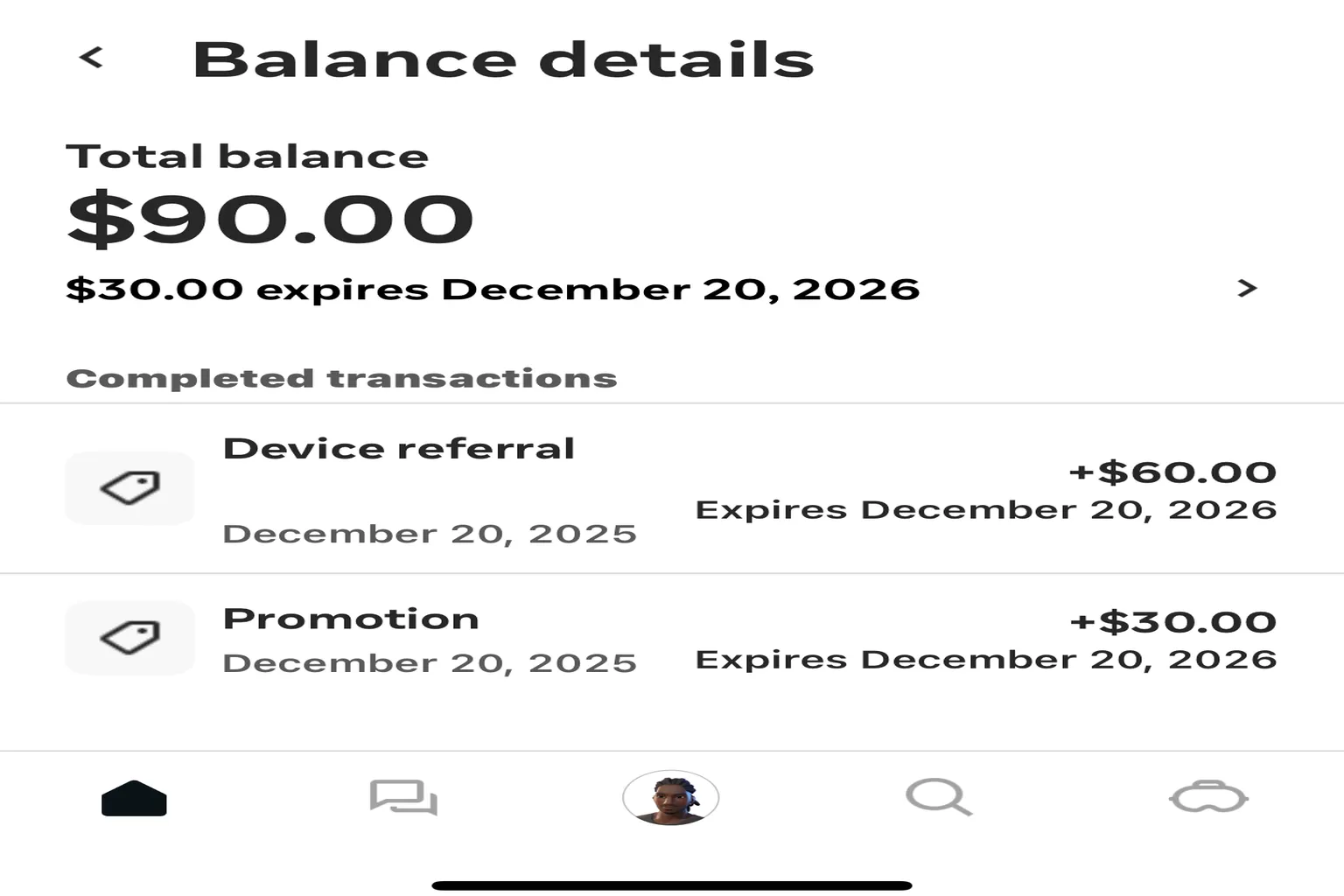 Saldo total de 90 USD en Quest Cash procedente de una recomendación de dispositivo y una promoción.