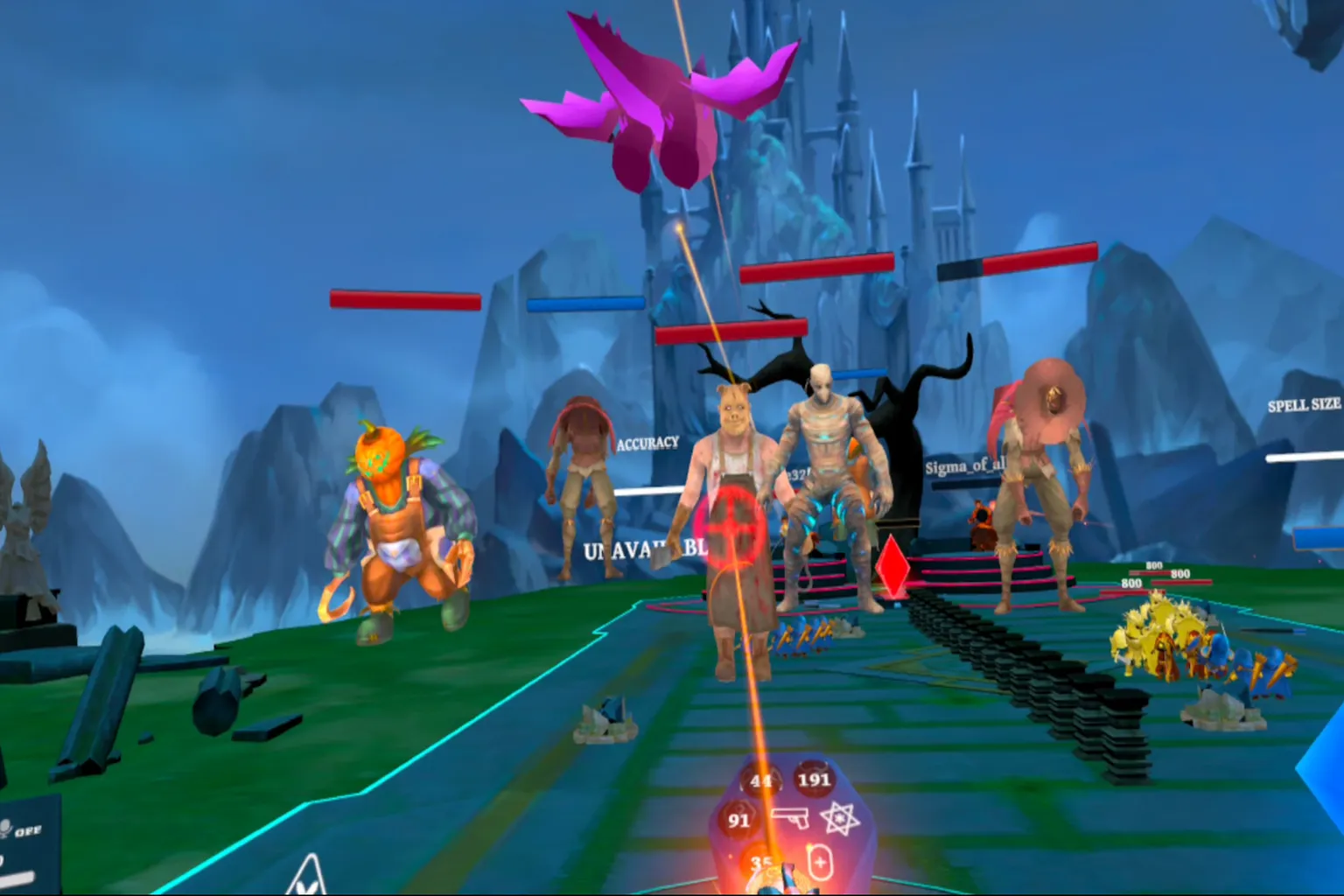 Campo de batalla caótico de War of Wizards con varios enemigos, esbirros y hechizos lanzándose al mismo tiempo.