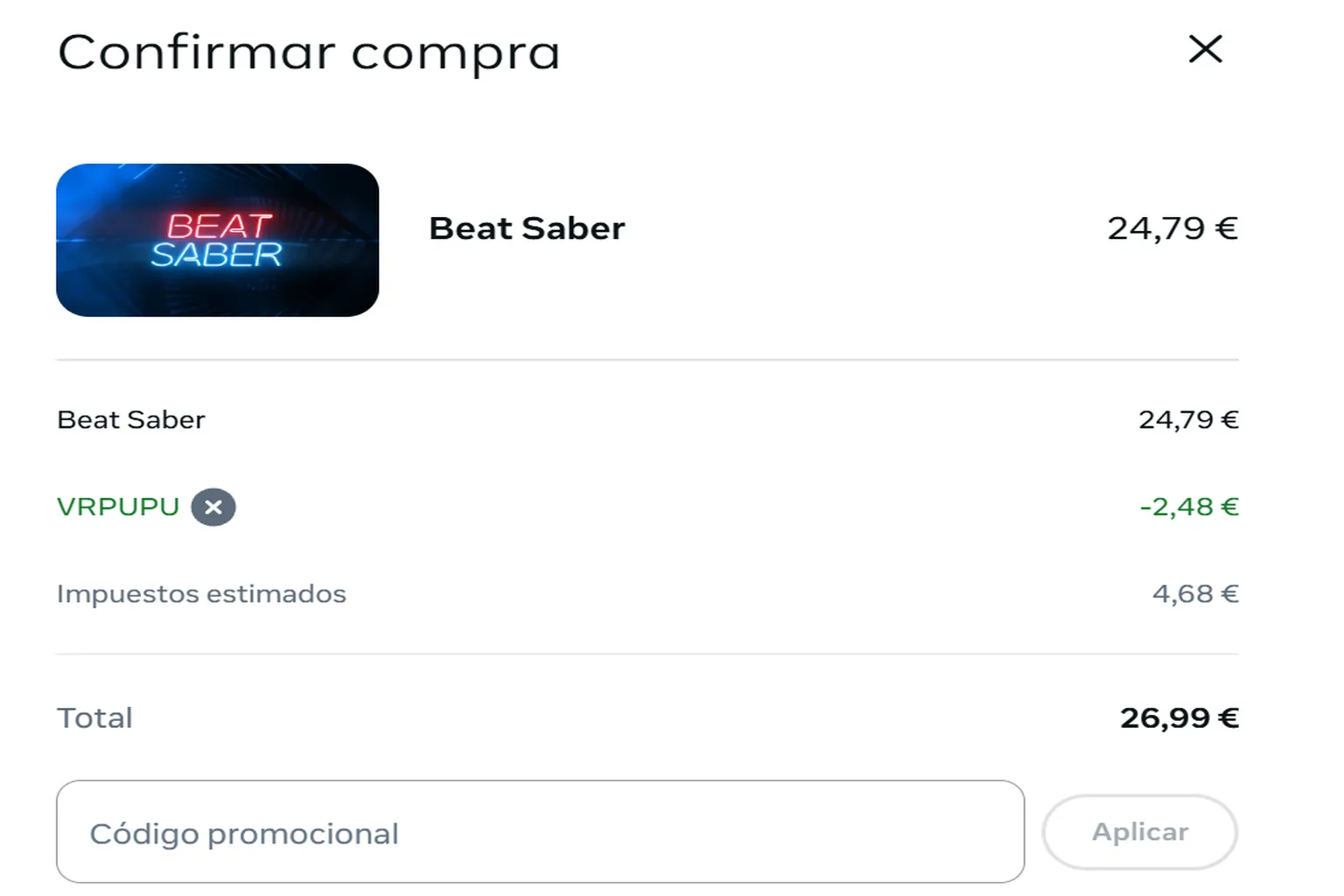 Pantalla de confirmación de compra de Beat Saber con el descuento del 10 % de VRPUPU aplicado y el precio total reducido.