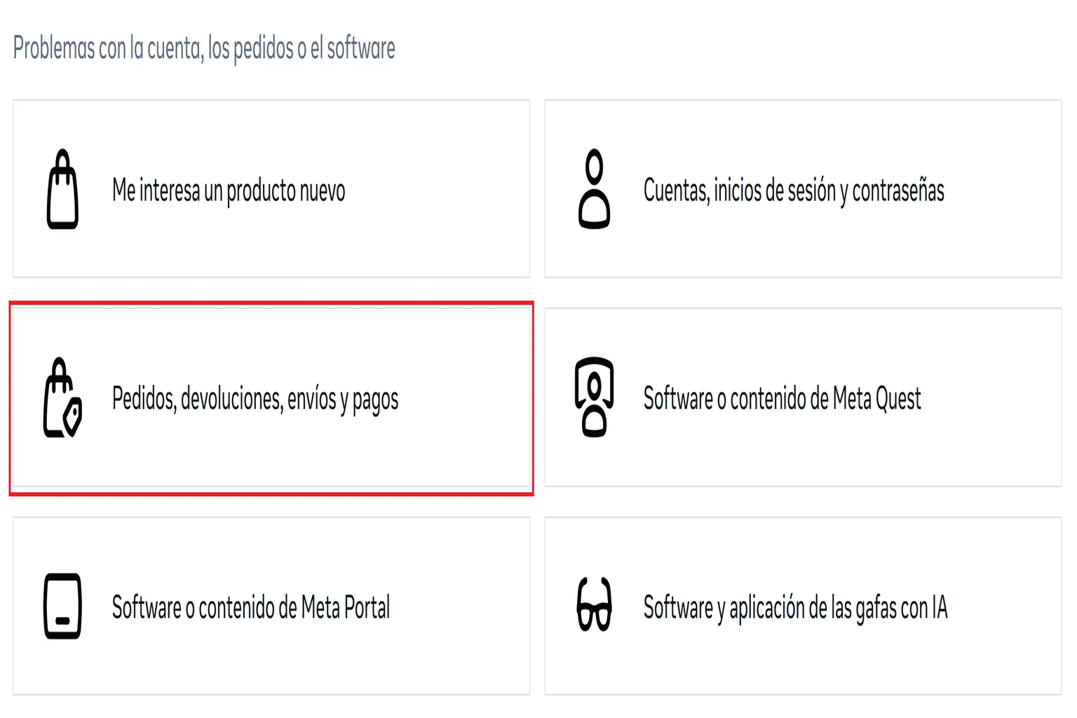 Categoría «Pedidos, devoluciones, envíos y pagos» en la página de asistencia de Meta.