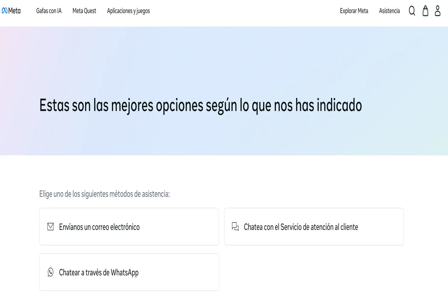 Opciones de contacto con la asistencia de Meta por correo electrónico, chat o WhatsApp.