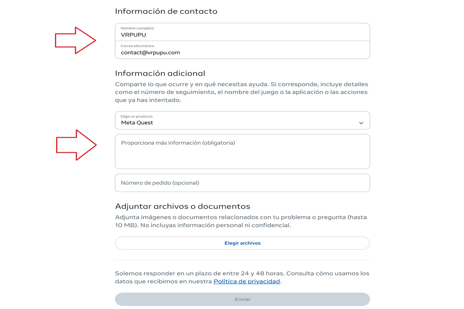 Formulario de contacto de Meta para introducir la información del problema y adjuntar archivos.