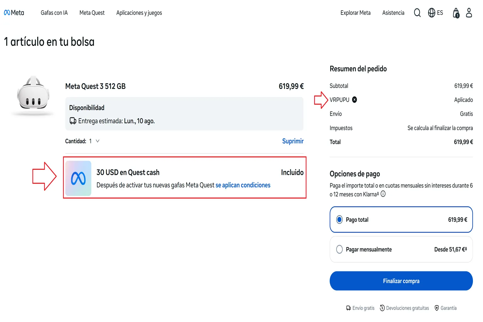 Compra de Meta Quest 3 de 512 GB con el código VRPUPU aplicado y 30 € en Quest Cash incluidos.