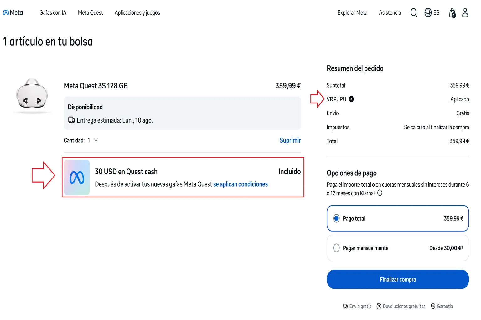 Compra de Meta Quest 3S de 128 GB con el código VRPUPU aplicado y 30 € en Quest Cash incluidos.