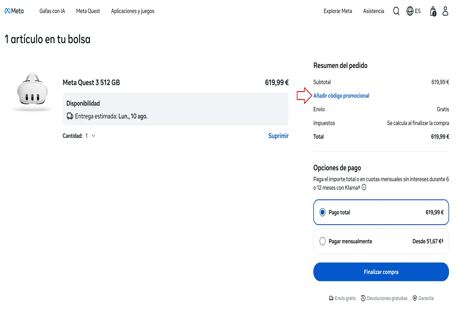 Página de pago de Meta Quest 3 con la opción para añadir un código promocional.