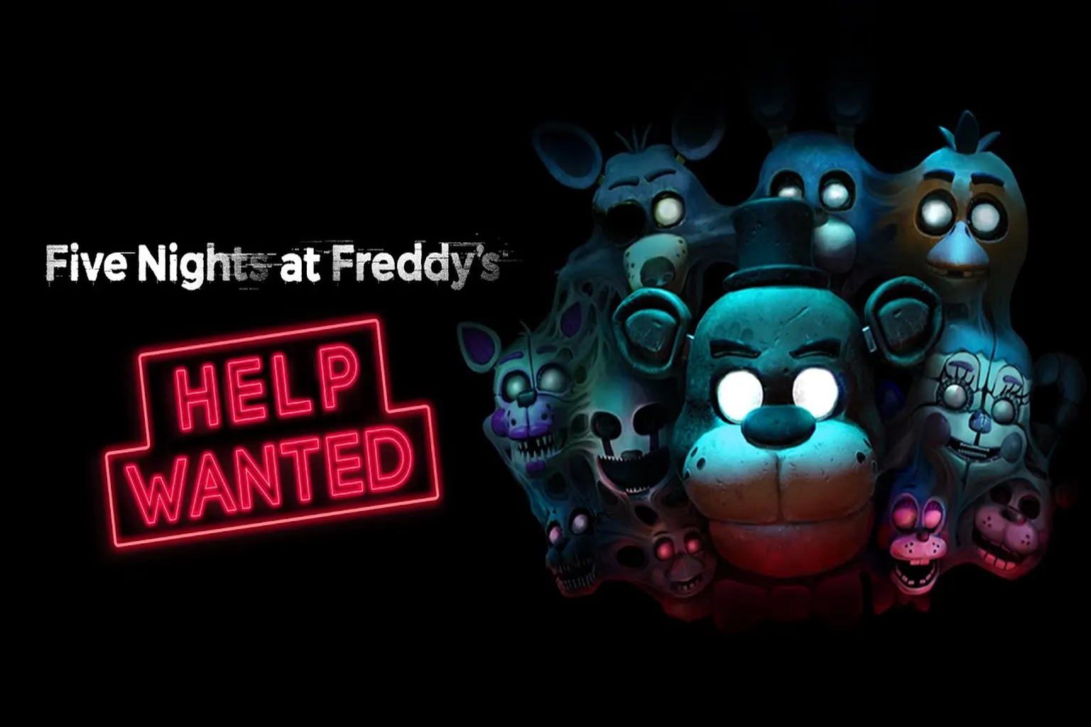 Imagen promocional de Five Nights at Freddy’s: Help Wanted con Freddy y varios animatrónicos sobre un fondo oscuro.