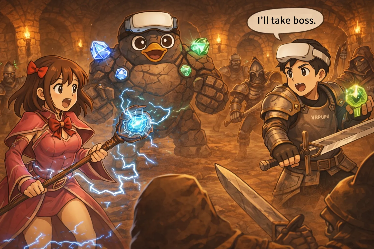 Battle scene in a castle basement. Mengmeng casts lightning magic while fighting VRPUPU’s rock giant, along with knights and thieves. Gugu wears a Quest 2 headset and holds his sword ready, gripping a green crystal as he prepares to strike back.
