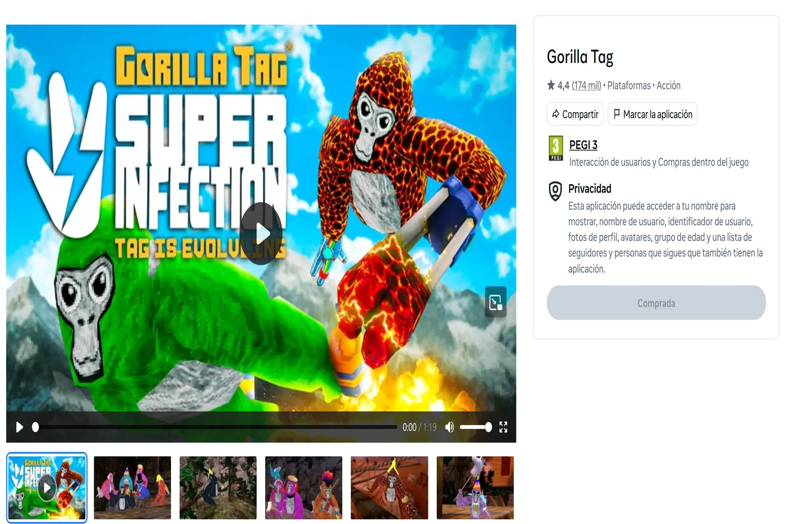 Página de Gorilla Tag en Meta Quest mostrando el juego como comprado