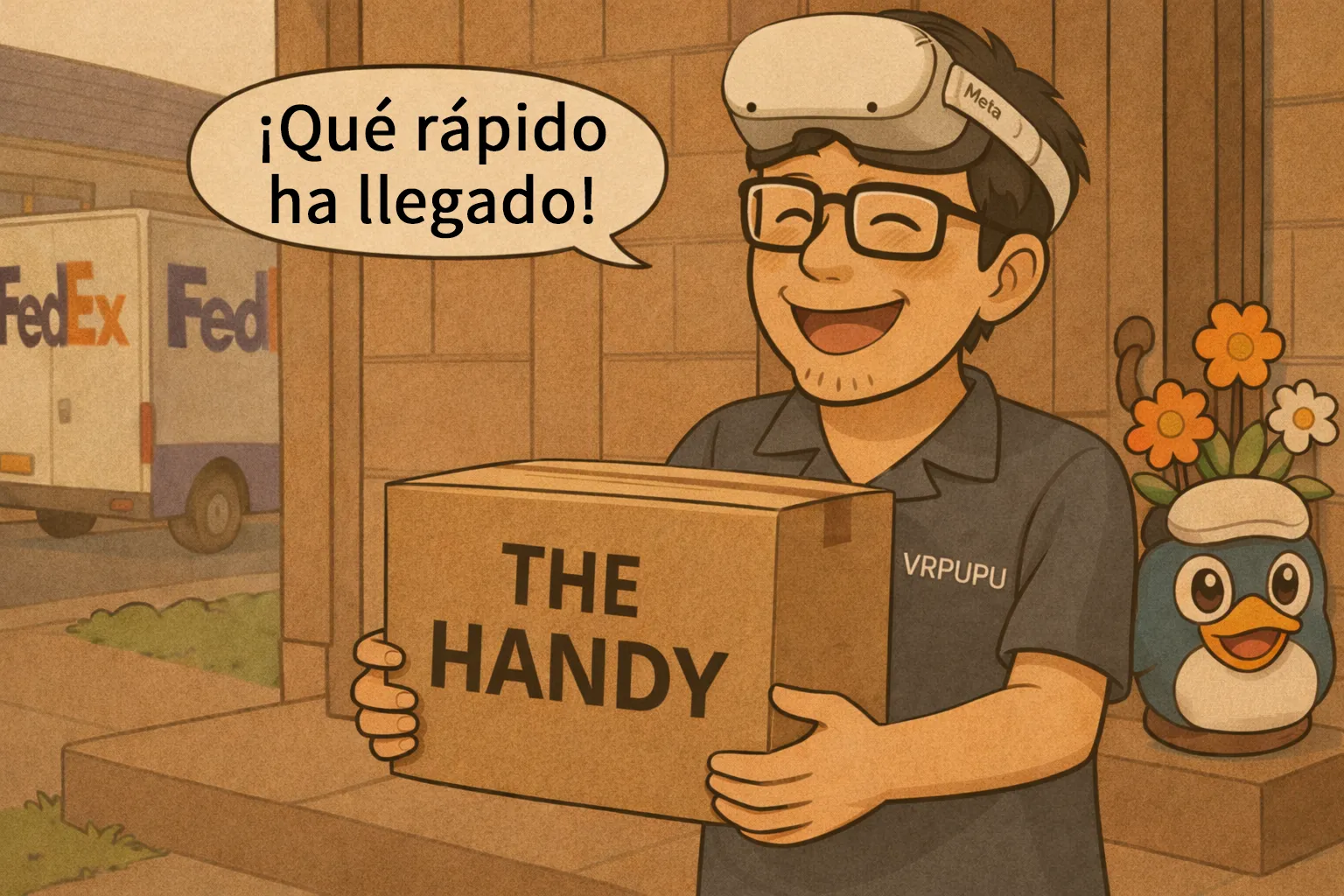 El padre de Mengmeng recibe sonriente un paquete de The Handy mientras lleva un visor Meta Quest 2 sobre la cabeza.