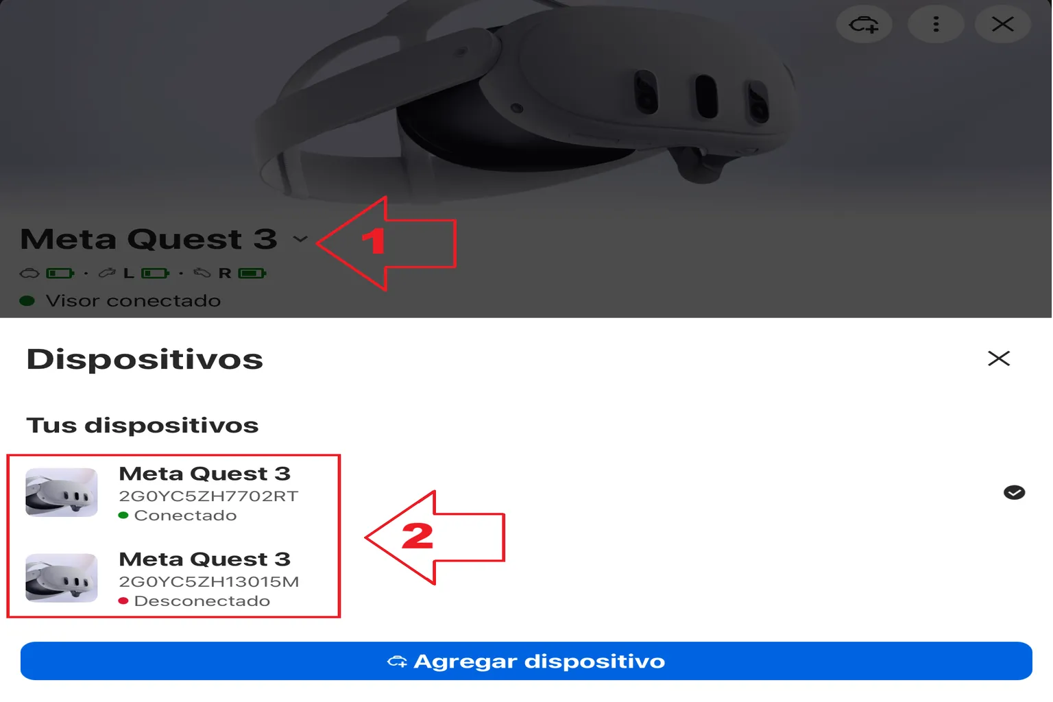 Lista de dispositivos en Meta Horizon mostrando dos visores Meta Quest 3, uno conectado y otro desconectado.