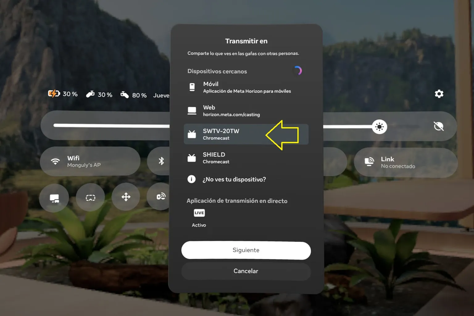 Menú de transmisión de Meta Quest con un dispositivo Chromecast seleccionado.
