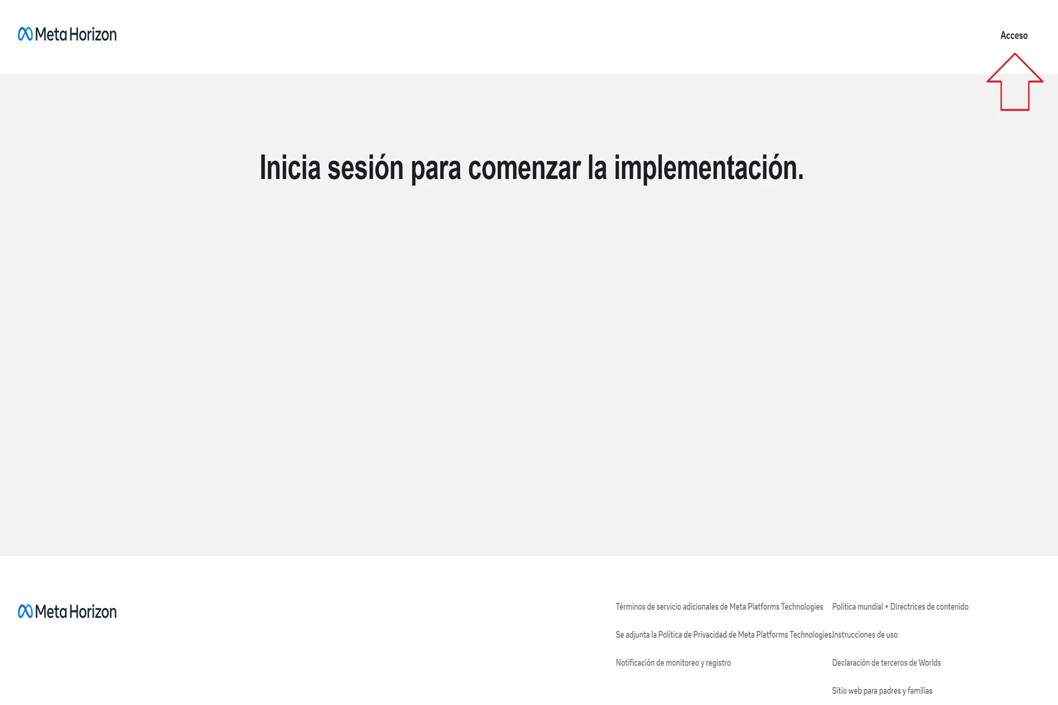Página de Meta Horizon para iniciar sesión antes de transmitir Meta Quest en la web.