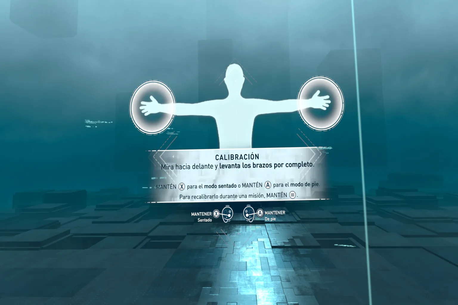 Pantalla de calibración de brazos en Assassin’s Creed Nexus VR.