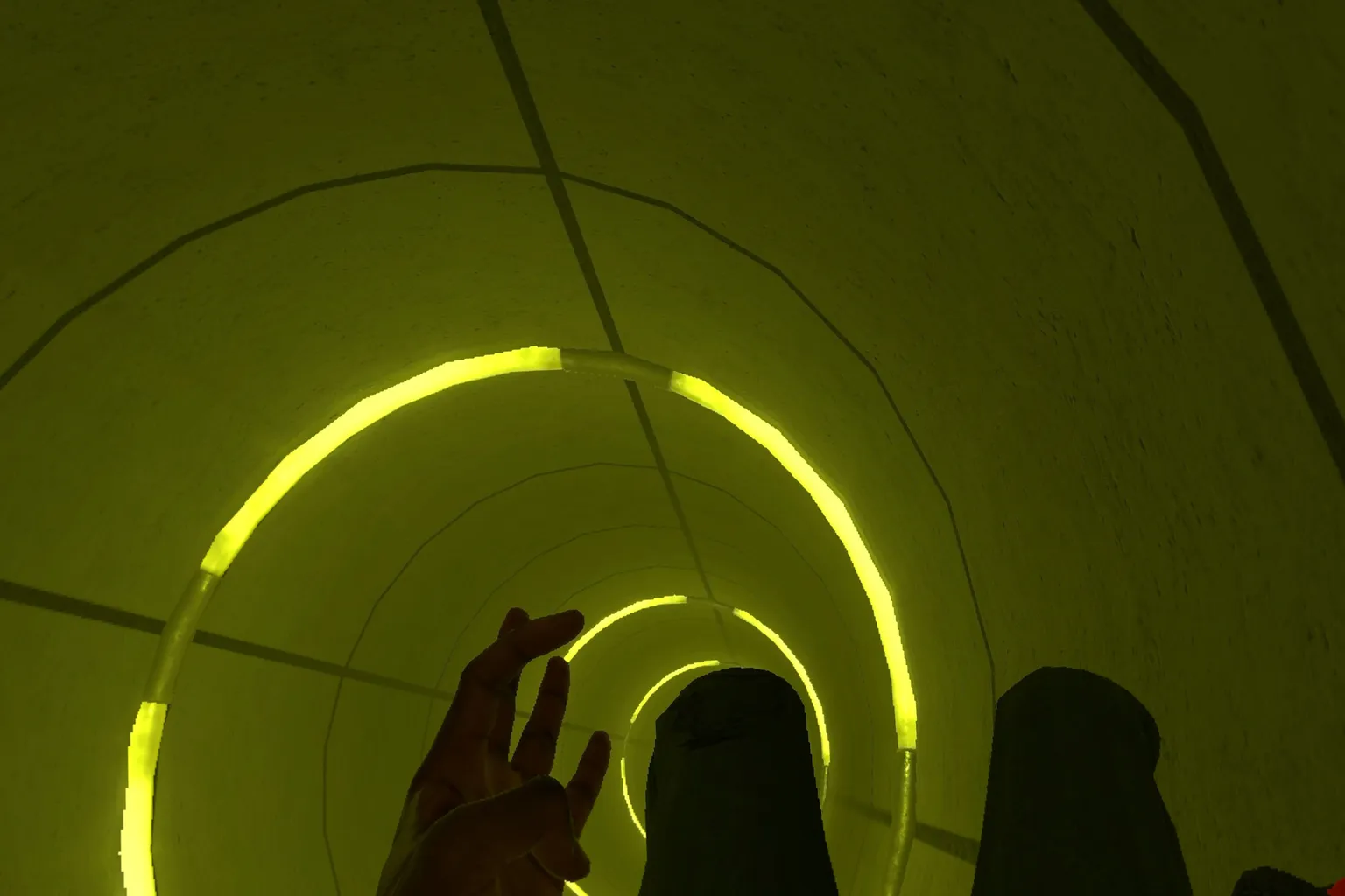 Jugador deslizándose por un túnel iluminado en BONELAB.