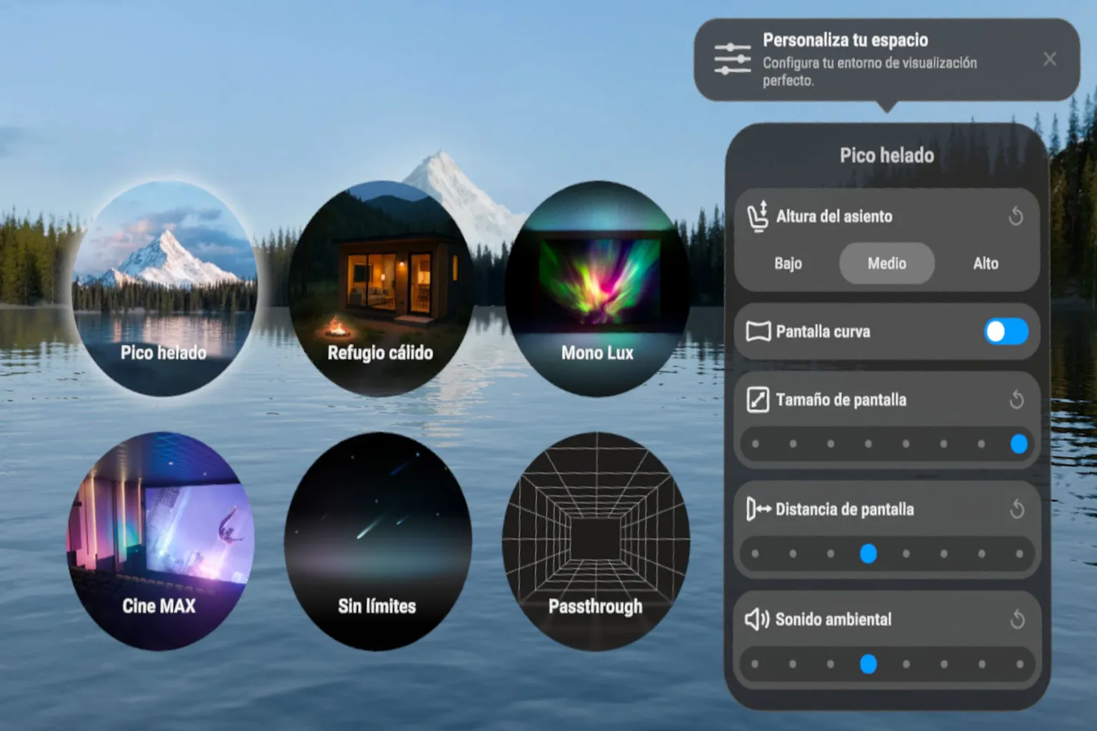 Ajustes de entorno virtual de NEX Player con selección de escenarios, tamaño de pantalla y sonido ambiental.