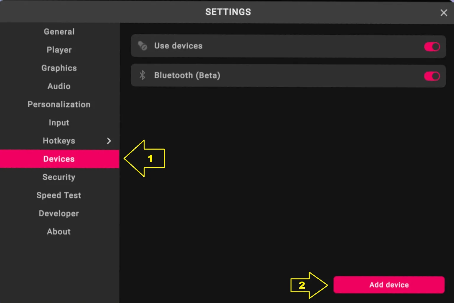 Ajustes de VRPorn con la opción Devices y el botón Add device señalados