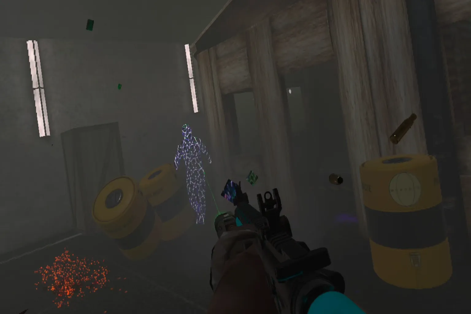 Combate en BONELAB usando un rifle contra un enemigo en una sala del laboratorio.