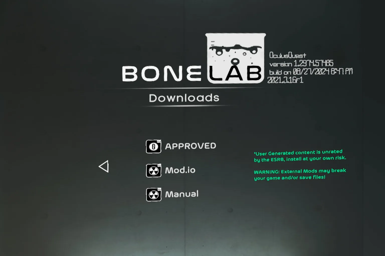Menú Downloads de BONELAB con las opciones Approved, Mod.io y Manual.