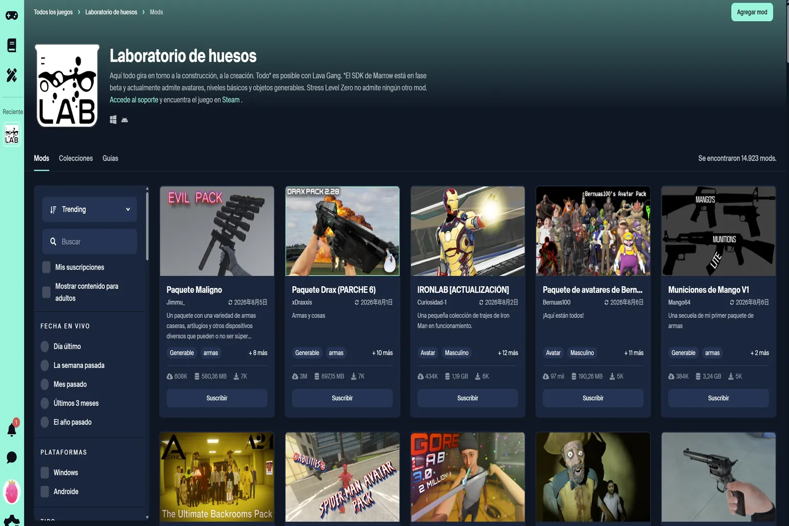 Página de mods de BONELAB en mod.io con paquetes de armas, avatares y otros contenidos.