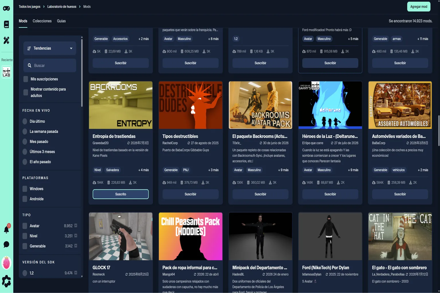 Página de mod.io de BONELAB con el mod Backrooms Entropy y otros contenidos descargables.