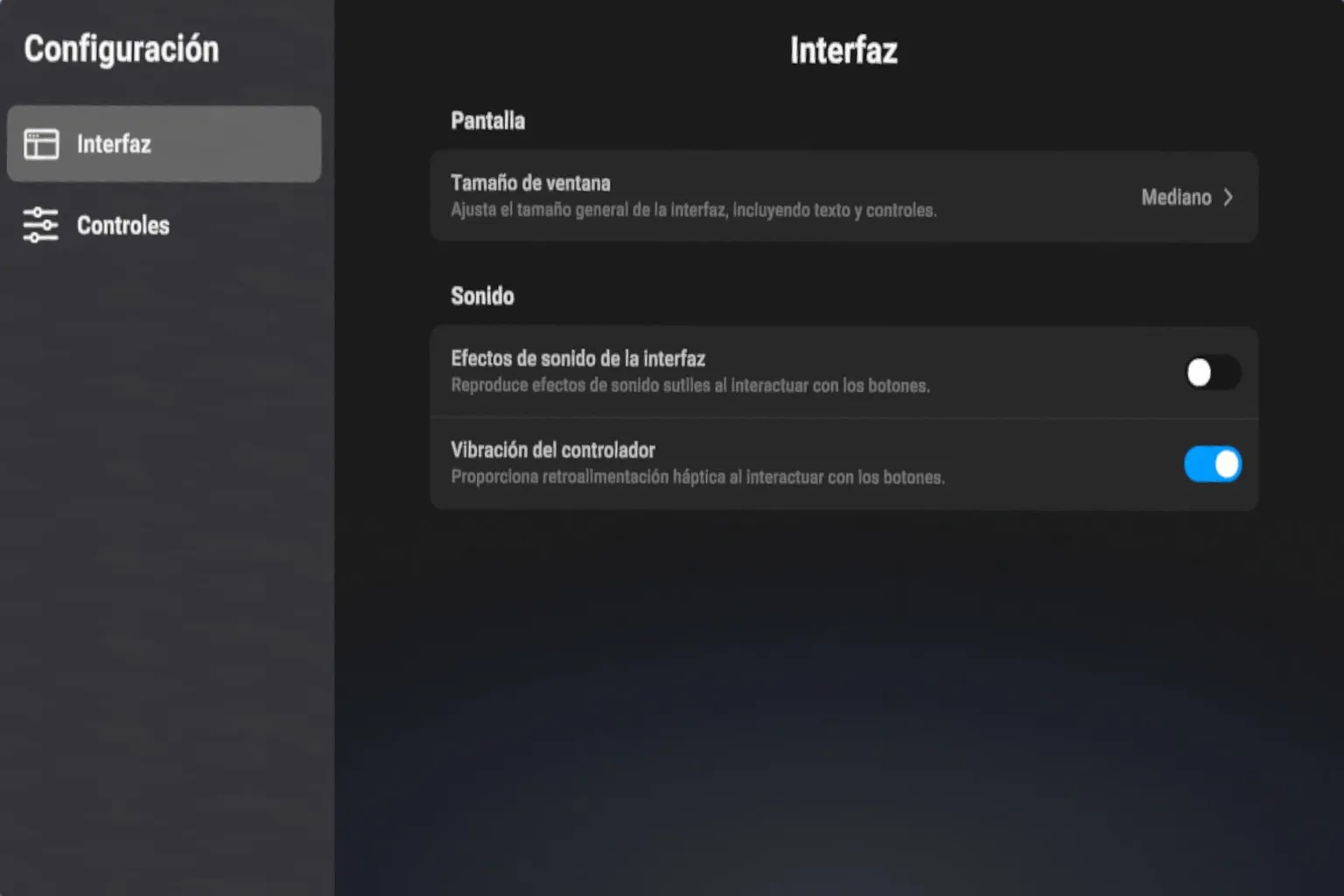 Menú de configuración de interfaz de NEX Player con tamaño de ventana, efectos de sonido y vibración del mando.