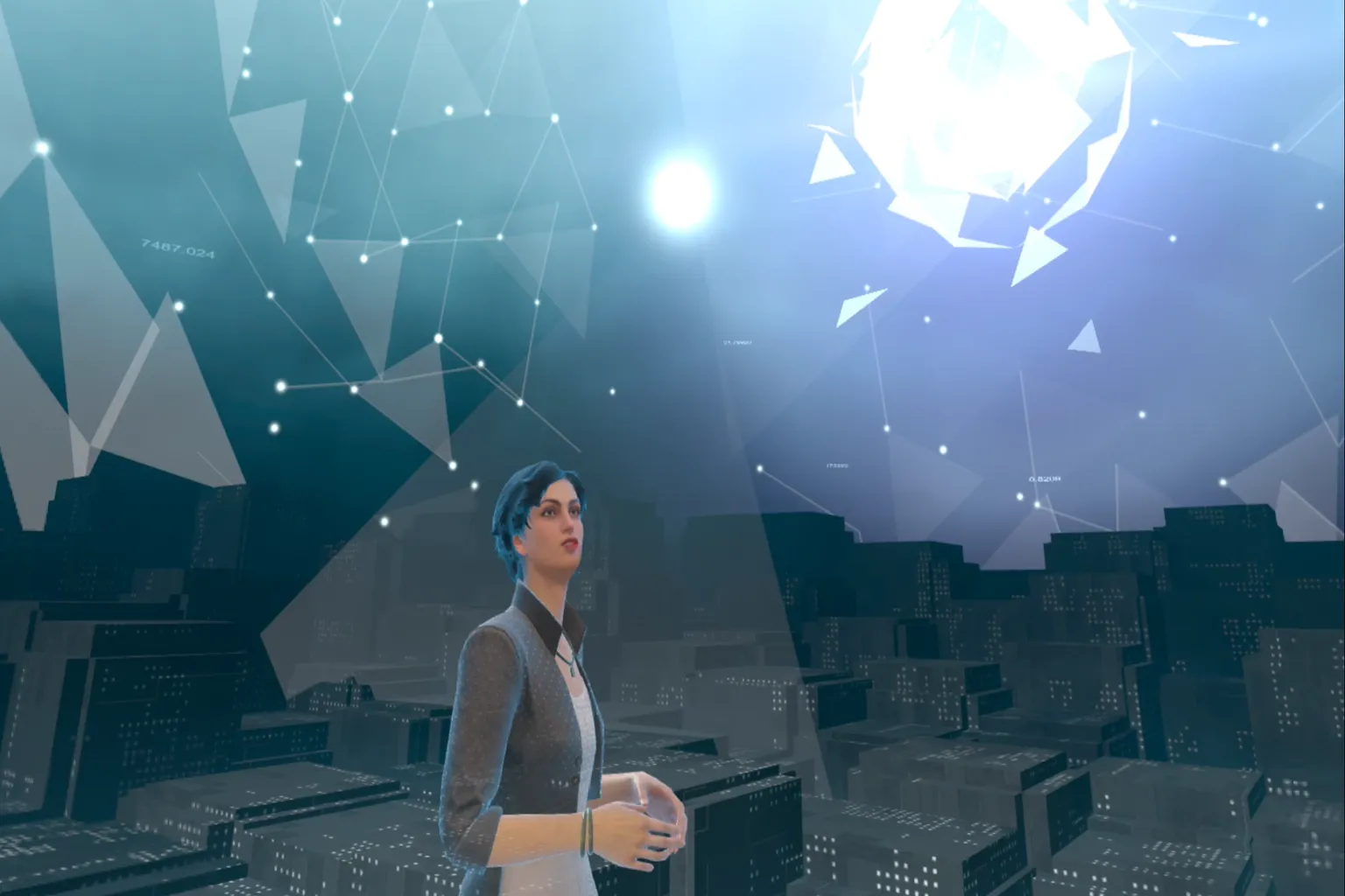 Personaje explicando el funcionamiento del Animus sobre una ciudad virtual.