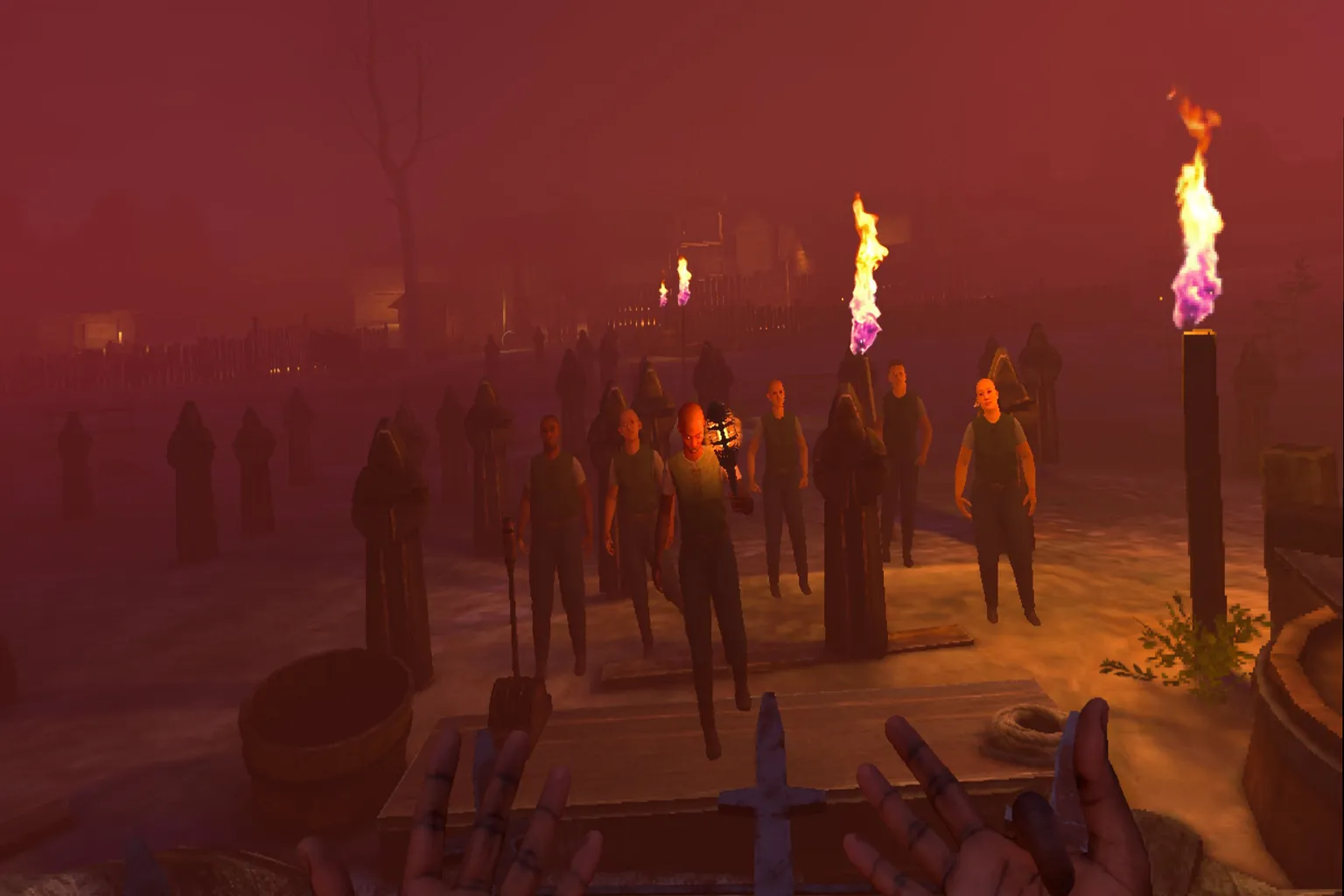 Escena de BONELAB con varios personajes reunidos en una zona iluminada por antorchas.