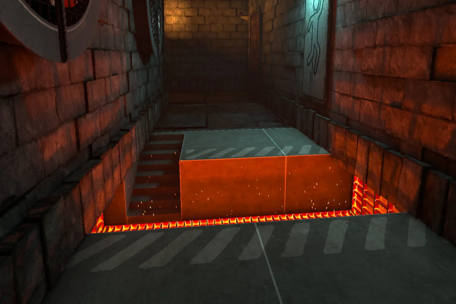 Sección de parkour de BONELAB con plataformas sobre una zona de lava.